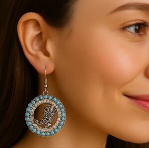2/$40 NEW Turquoise Silver Coastal Cowgirl Western Boot Dangling Earrings(#0165)